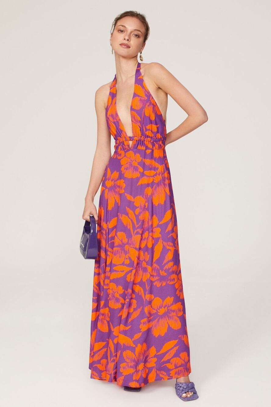 AFRM Nor Purple Orange Hibiscus Tropical Floral Print Hawaiian Halter Maxi Dress